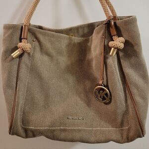 Michael Kors Tan Canvas Tote with Rope Handles and Gold Charm